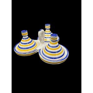 Moroccan Spice Tagine Trio Spice Holder Vintage Handmade Yellow and Blue Ceramic